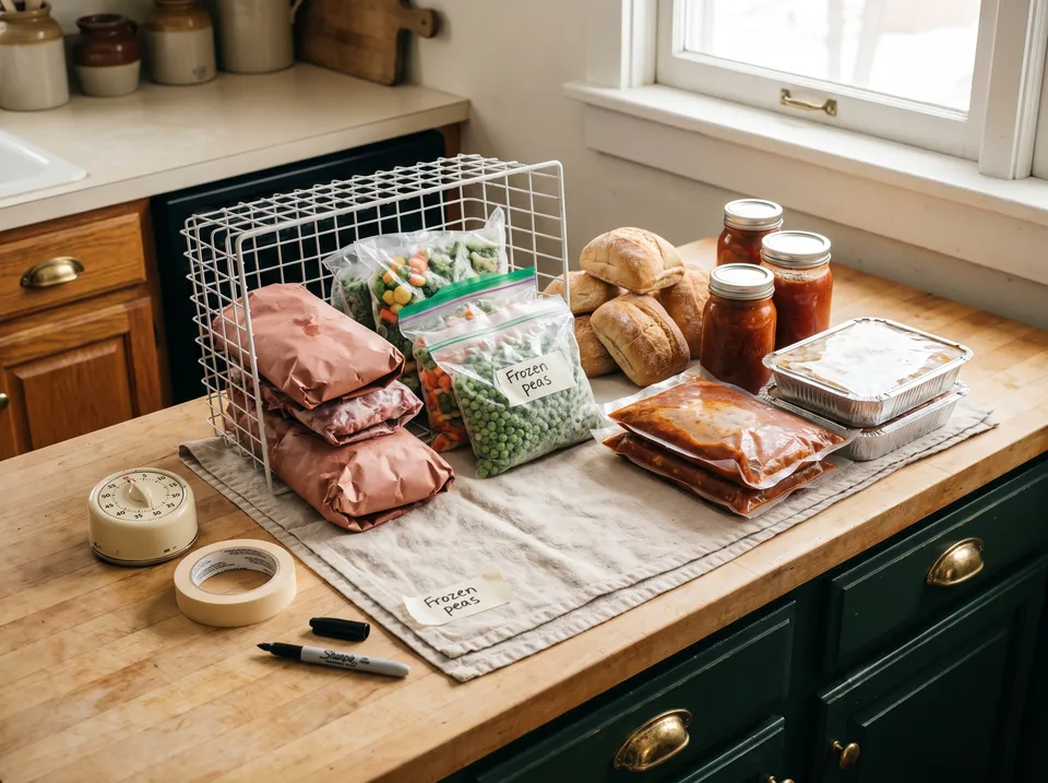 Overhead view of a freezer basket emptied onto a linen towel, its contents sorted into small piles beside a kitchen timer, tape and a marker.