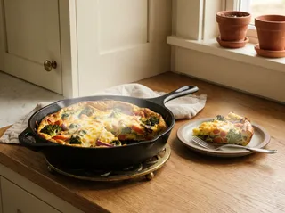 A golden vegetable frittata with melted cheese, broccoli, carrot and red onion in a black cast-iron skillet.