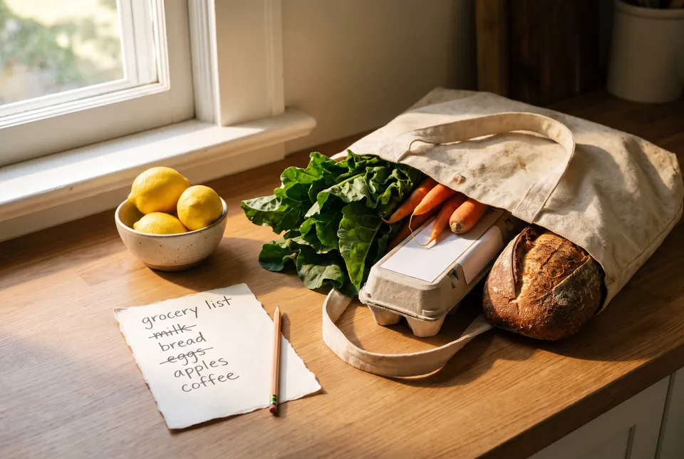 A handwritten grocery list with some items crossed out beside a canvas grocery bag holding greens, carrots, eggs and a loaf of bread, a pencil and a bowl of lemons.