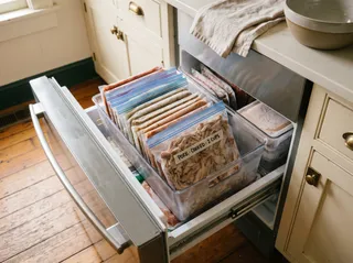 An open freezer drawer with a clear bin of quart freezer bags frozen flat and standing upright like books.