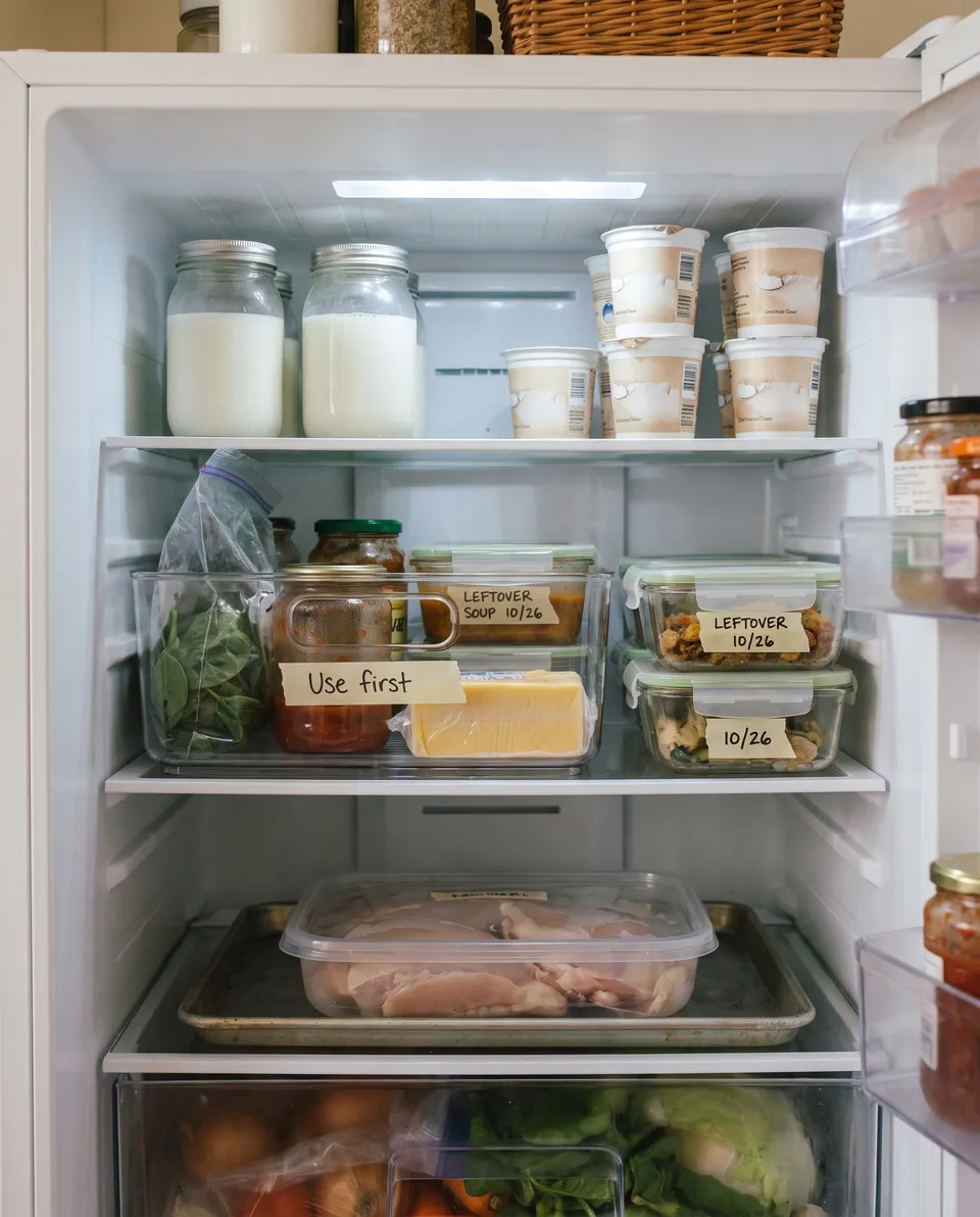 The same refrigerator after a reset: a clear bin labeled Use first at eye level holding the spinach, salsa, leftovers and cheese; dated leftovers at the front; dairy up top; raw chicken sealed on a tray on the bottom shelf.