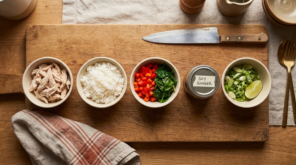 Five small stoneware bowls in a row on an oak board: shredded chicken, cooked rice, diced red pepper with spinach, a jar of soy-ginger sauce, and sliced scallions with a lime wedge.