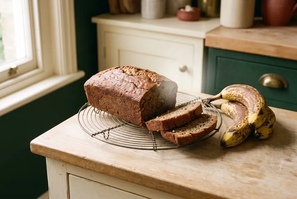 A loaf of banana bread cooling on a wire rack with two slices cut, very ripe brown-spotted bananas beside it.