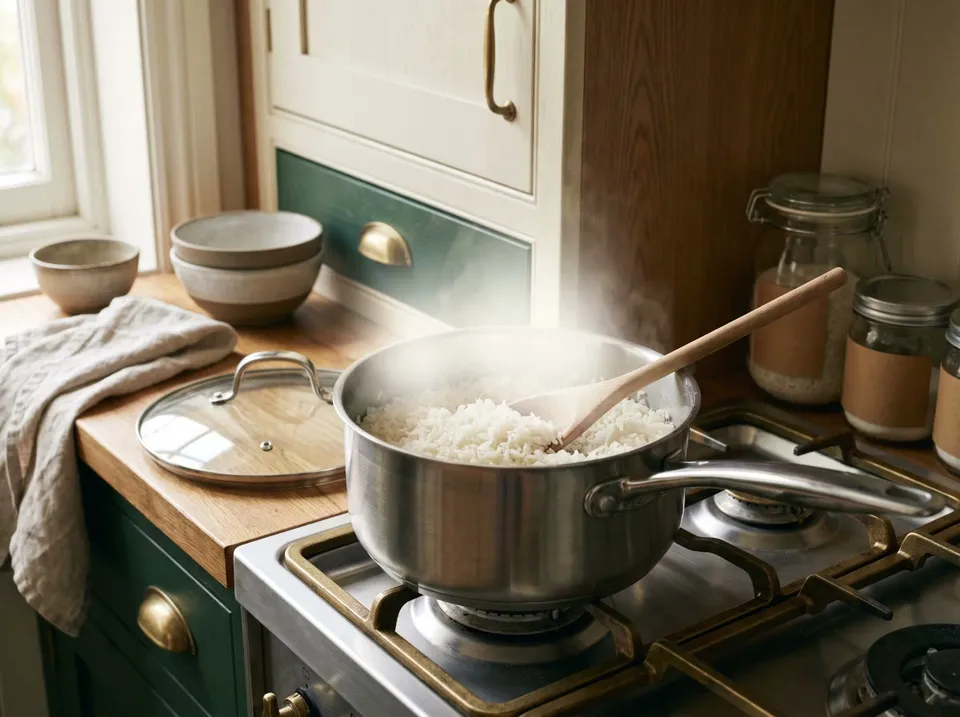 A saucepan of just-cooked fluffy white rice on a gas stove with a wooden spoon in it and steam rising, the lid on the counter beside it.