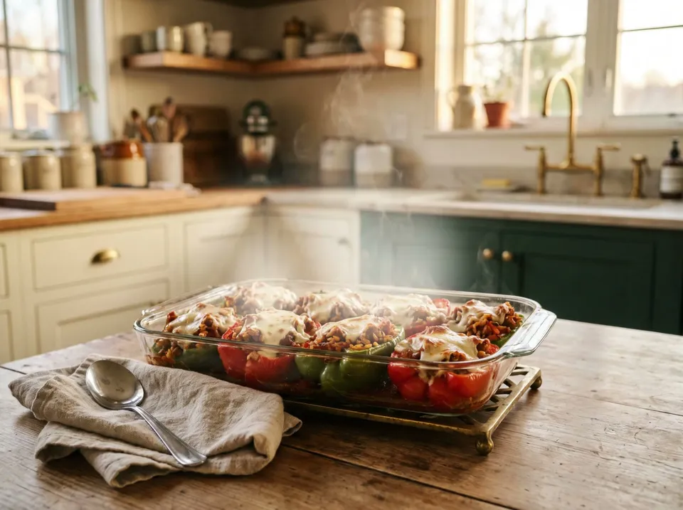 A 9-by-13-inch glass baking dish of red and green stuffed pepper halves with rice, sausage and tomato filling under bubbling melted mozzarella, steaming on a brass trivet.