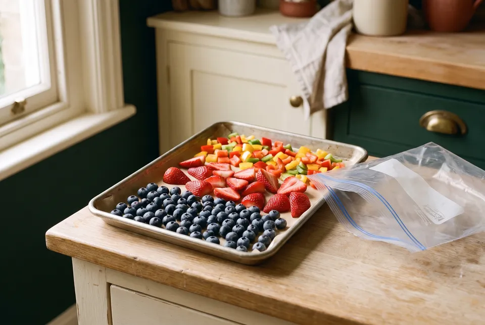 A rimmed sheet pan lined with parchment holding a single layer of blueberries, sliced strawberries and diced bell pepper, beside an open freezer bag.