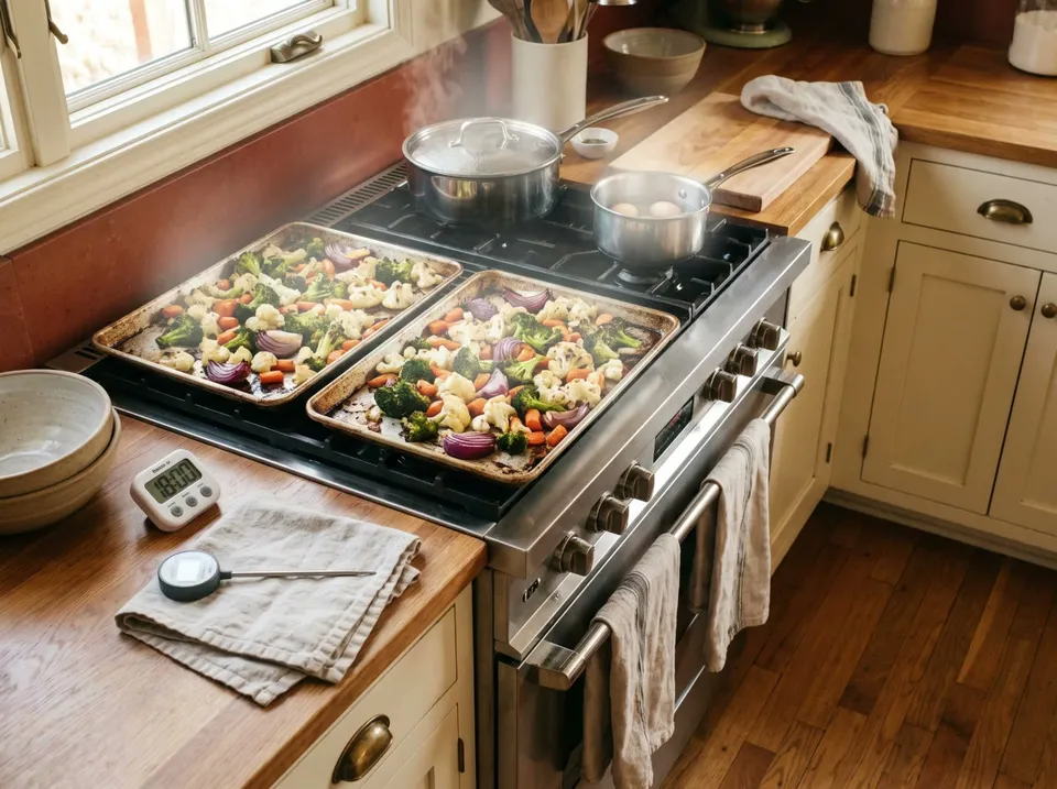 Two rimmed sheet pans of roasted broccoli, cauliflower, carrots and red onion on a stovetop, a covered pot of rice and a small pot of eggs behind them, a timer and thermometer on a linen towel.