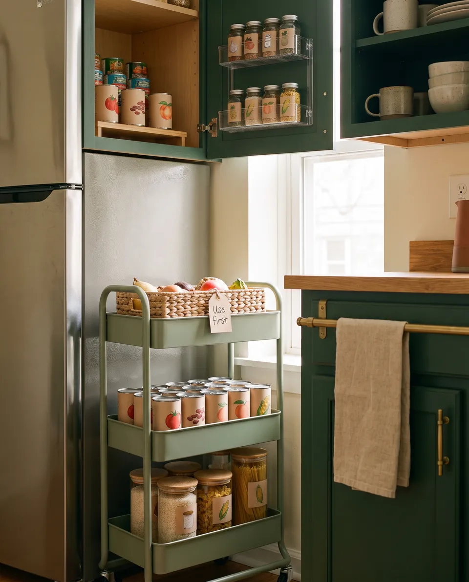 A small kitchen with no pantry: a sage-green three-tier rolling cart beside the refrigerator with a Use first basket on top, an open upper cabinet of cans and a clear rack inside a cabinet door.