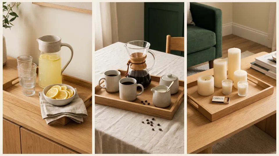 The same wooden tray as a lemonade station, a coffee service with mugs and cream, and a candle tray on a coffee table.