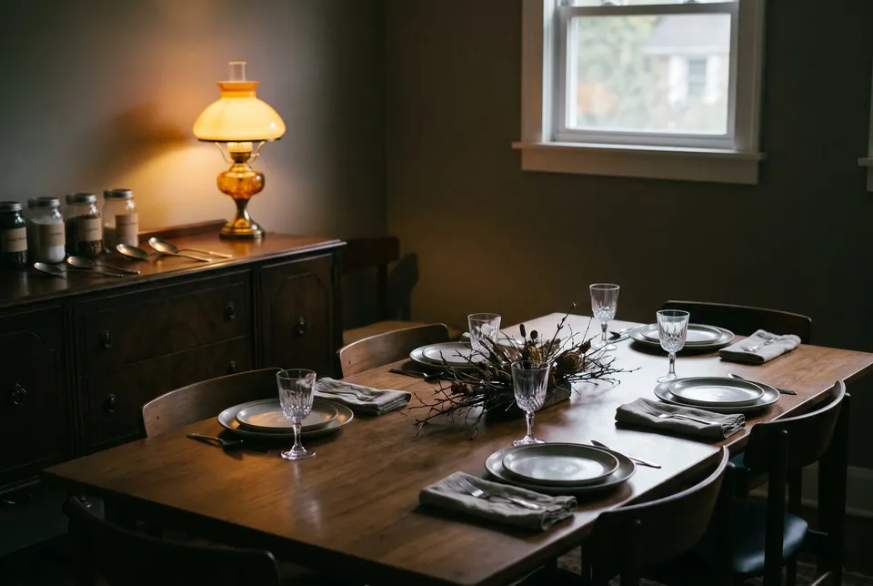 A dining table in the evening already set for dinner, with plates, folded napkins, glasses and a small centerpiece, a lamp glowing on the sideboard.