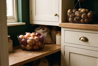 A wire basket of whole yellow and red onions on a low shelf in a cool, dim pantry, with a basket of potatoes on a separate shelf.