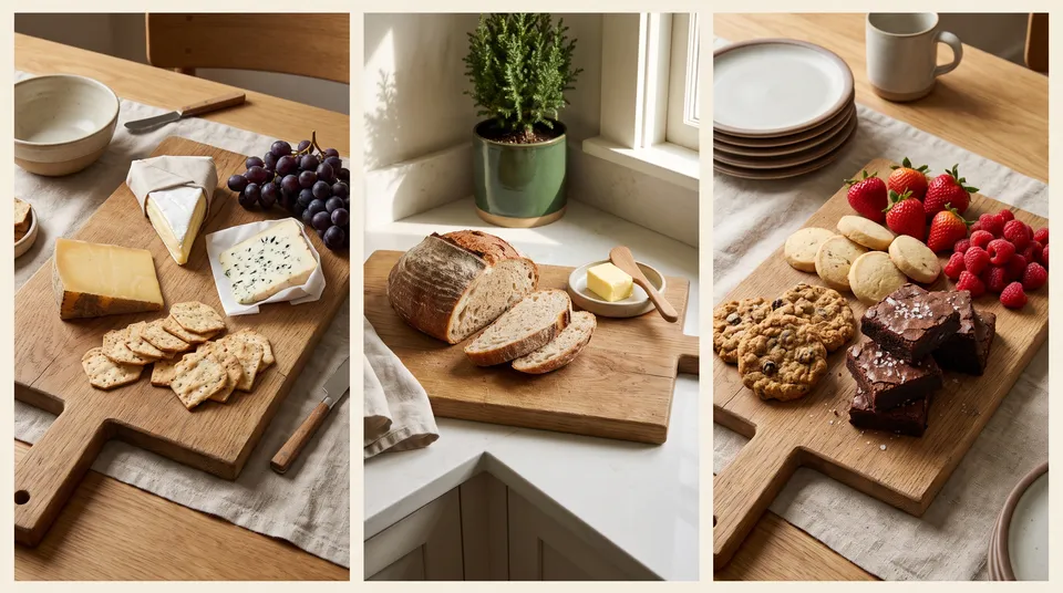 The same wooden cutting board as a cheese board, a bread board with butter, and a dessert board of cookies, brownies and berries.