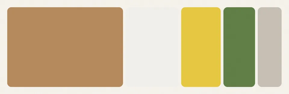 A color strip for a weeknight table: a wide band of warm oak, then smaller bands of white, lemon yellow, herb green and linen gray.