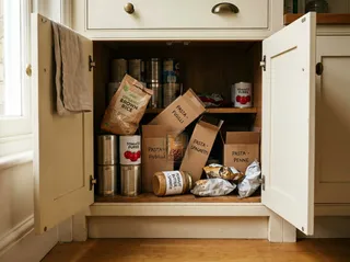 A deep kitchen cupboard sorted into clear pull-out bins of cans, a turntable of oils and a Use first basket.