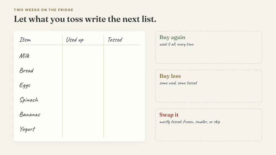 A fridge sheet fills with two weeks of tally marks under Used up and Tossed for milk, bread, eggs, spinach, bananas and yogurt, then each item moves into Buy again, Buy less or Swap it.