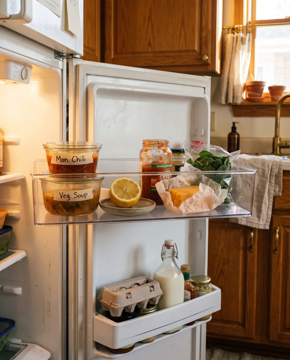 An open refrigerator with a clear bin on the door shelf holding what needs using: two leftover containers marked with masking tape, half a lemon, an opened jar of salsa, a wedge of cheese and a bag of spinach.