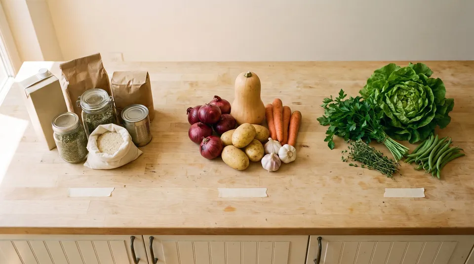 Three groups of groceries on a counter, each above a strip of masking tape: shelf-stable things like broth, flour, dried herbs, rice and a can; hardy produce like onions, potatoes, squash, carrots and garlic; and delicate lettuce, parsley, thyme and green beans.