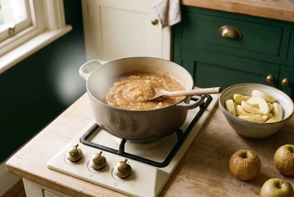 A pot of chunky homemade applesauce on a cream stove with a wooden spoon, a bowl of peeled apple slices and a few wrinkled apples beside it.