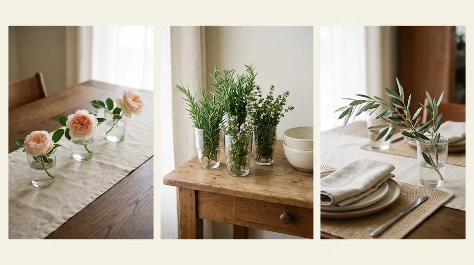 Small drinking glasses as bud vases: three in a row with one rose each, a cluster of herb sprigs, and a single olive branch beside a place setting.