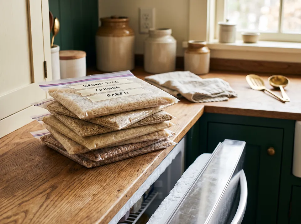 Quart freezer bags of cooked rice, quinoa and farro pressed flat into neat slabs, labeled with masking tape and stacked on an oak counter.
