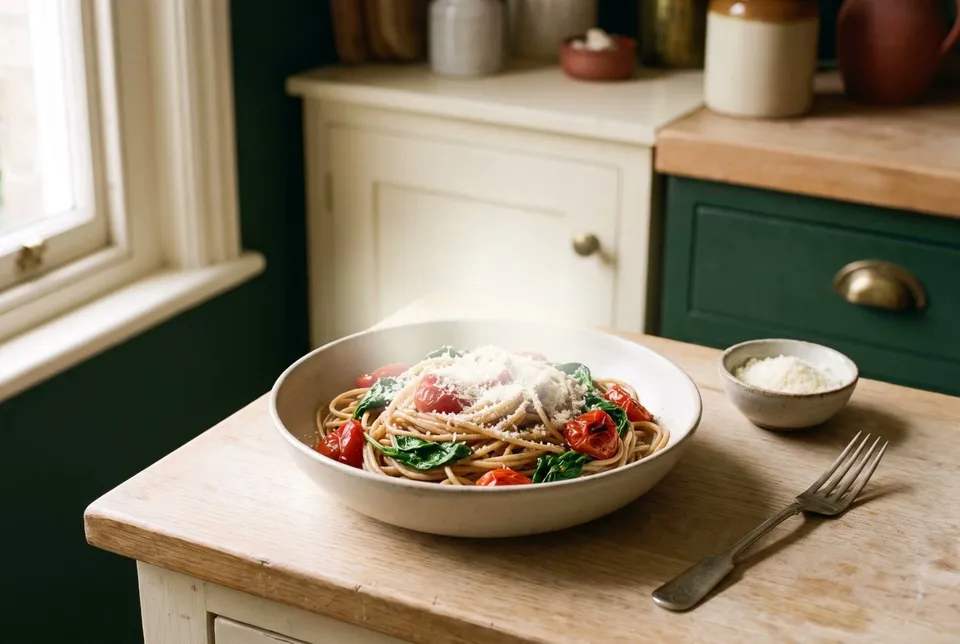 A wide bowl of whole wheat spaghetti with roasted cherry tomatoes, wilted spinach and grated parmesan on an oak table beside a small dish of parmesan and a fork.