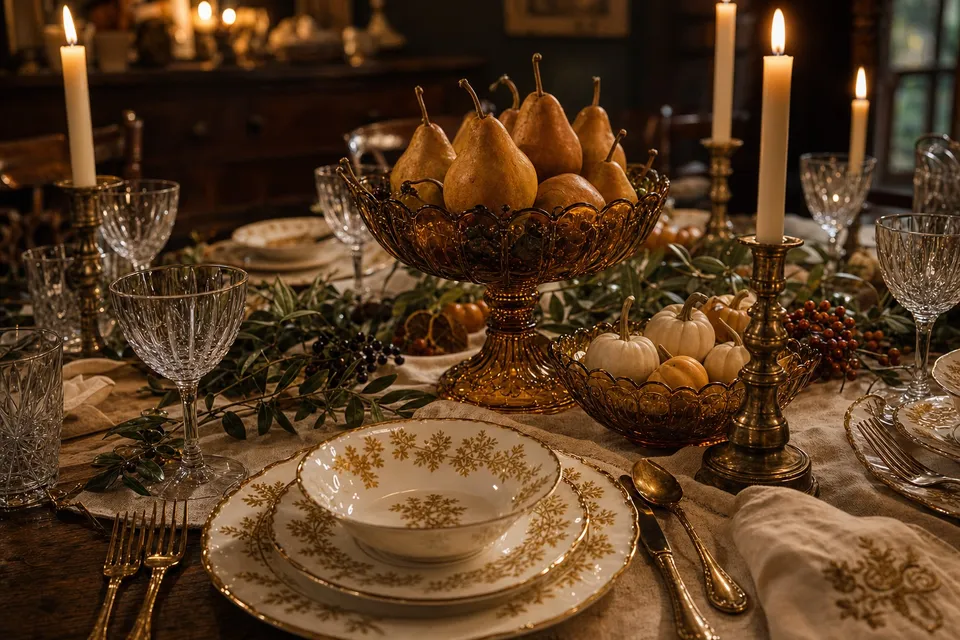 The Winter Solstice Supper table by candlelight: a tall amber glass compote of pears, a lower amber bowl of small white pumpkins, an olive branch garland on a linen runner, brass candlesticks, cut crystal and gold-patterned china.
