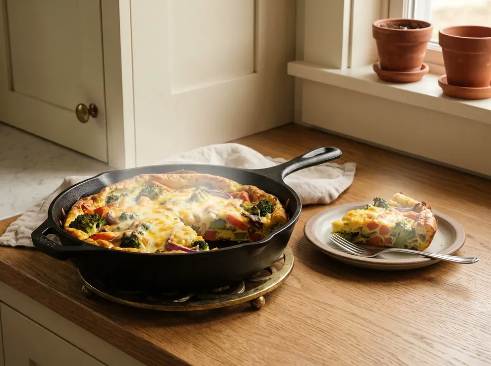A golden vegetable frittata with melted cheese, broccoli, carrot and red onion in a black cast-iron skillet on a brass trivet, one wedge on a plate with a fork beside it.