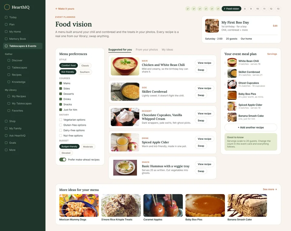 The HearthIQ event planner’s Food vision step: menu preferences on the left, suggested dishes with recipes in the middle, and the event meal plan on the right.
