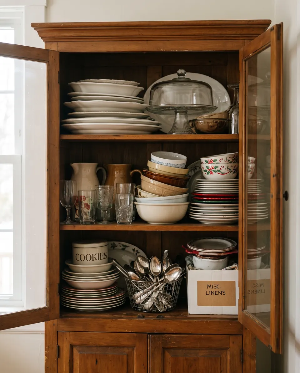 A dining-room cabinet crammed with platters stacked flat, a cake stand balanced on bowls, pitchers wedged behind glasses and a tangle of serving spoons.