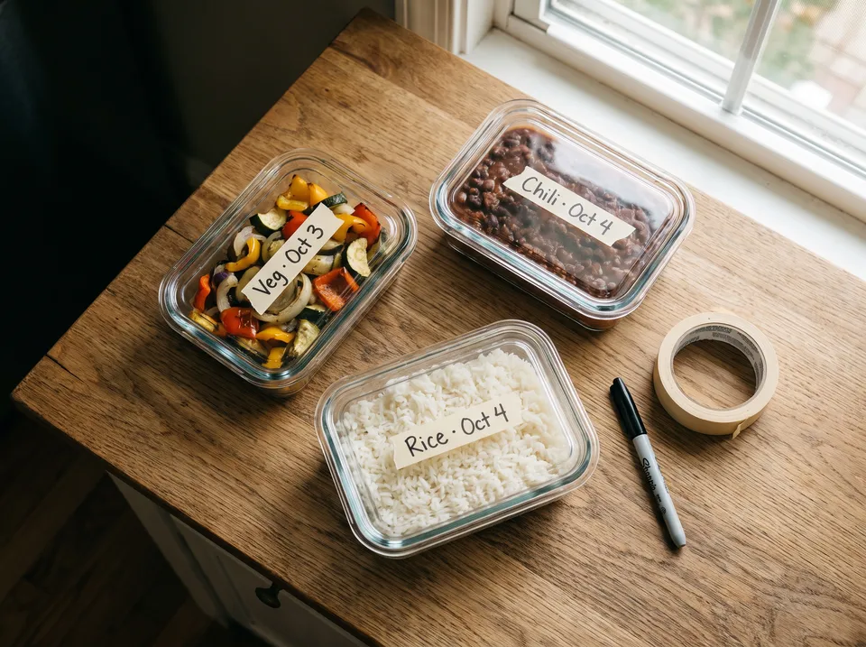 Three glass containers of leftovers labeled on masking tape Chili · Oct 4, Rice · Oct 4 and Veg · Oct 3, with a roll of tape and a black marker.