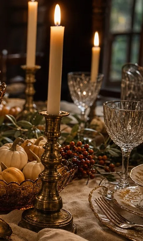 Tall ivory taper candles in brass candlesticks standing well above a table of crystal glasses, small pumpkins and red berries.