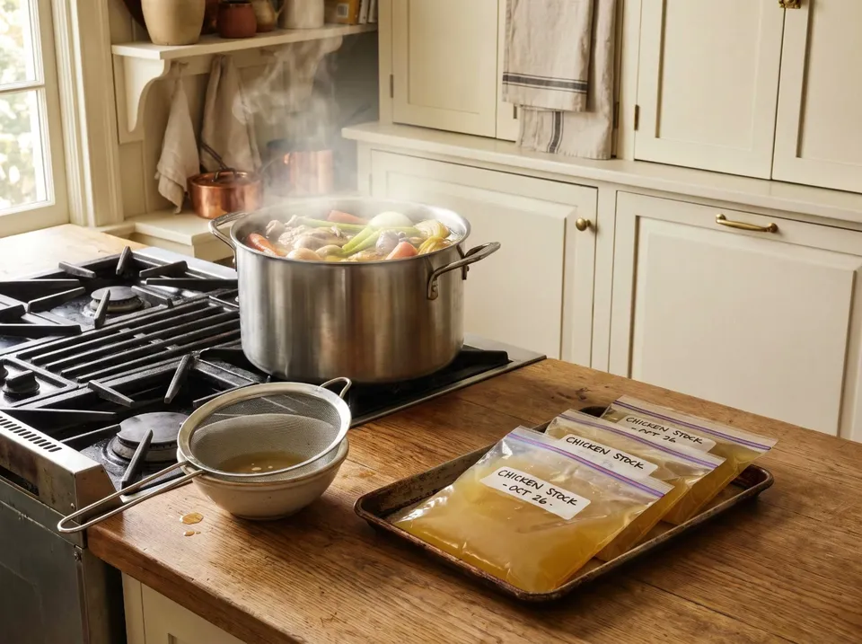 A stockpot of chicken bones, carrots, celery and onion simmering on a stove, a strainer over a bowl, and flat quart bags of golden labeled chicken stock on a small sheet pan.