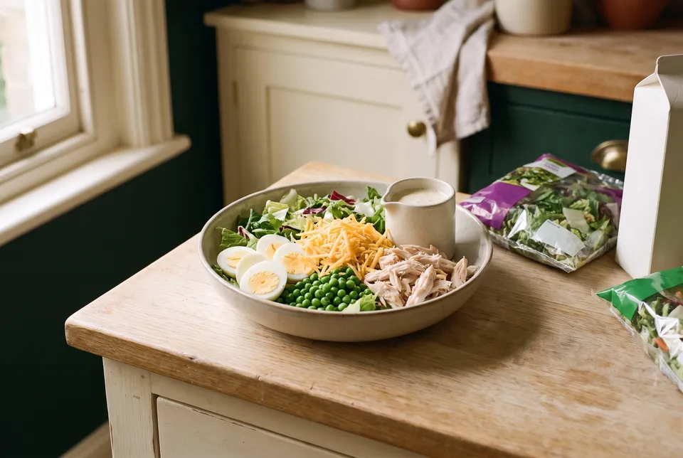 A large bowl of salad greens topped with sliced hard-cooked egg, peas, shredded chicken and cheese, a small jug of dressing and bags of greens beside it.