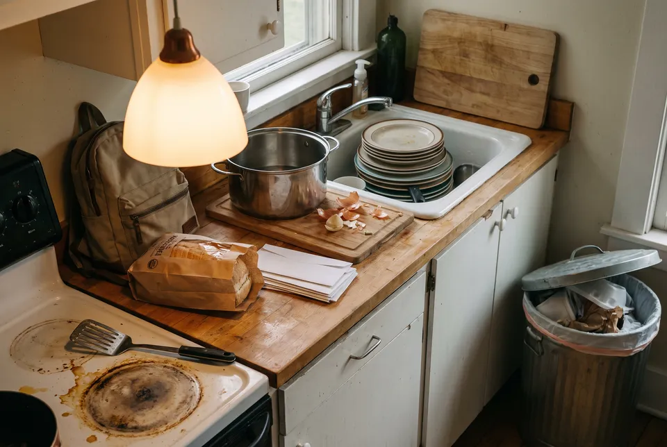 A family kitchen after dinner with dishes and a pot in the sink, a cutting board of onion skins, bread and mail on the counter, a dirty stovetop and a full trash can.