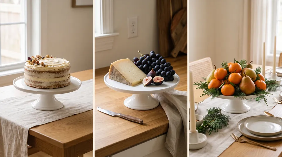 The same white cake stand holding a layer cake, a wedge of cheese with grapes and figs, and a pile of clementines and pears as a centerpiece.