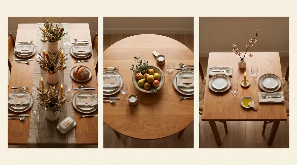Three overhead photos of the same style of setting on a long rectangular table with three repeated jars down a runner, a round table with a single low round centerpiece, and a small square table for two with one bud vase and a candle.