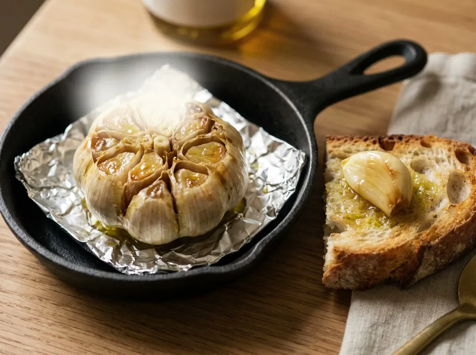 A whole head of roasted garlic, its top cut off and the cloves golden and soft, on crumpled foil in a small cast-iron skillet, one clove squeezed onto a slice of toasted bread.