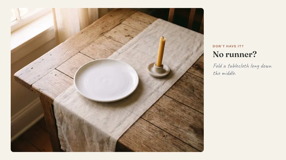 Six swaps, each photo turning into the household stand-in: a folded tablecloth as a runner, mismatched green glass vessels, a woven placemat for a charger, branches and lemons for flowers, brass candlesticks at different heights, and glass, napkin and greenery dressing a plain plate.